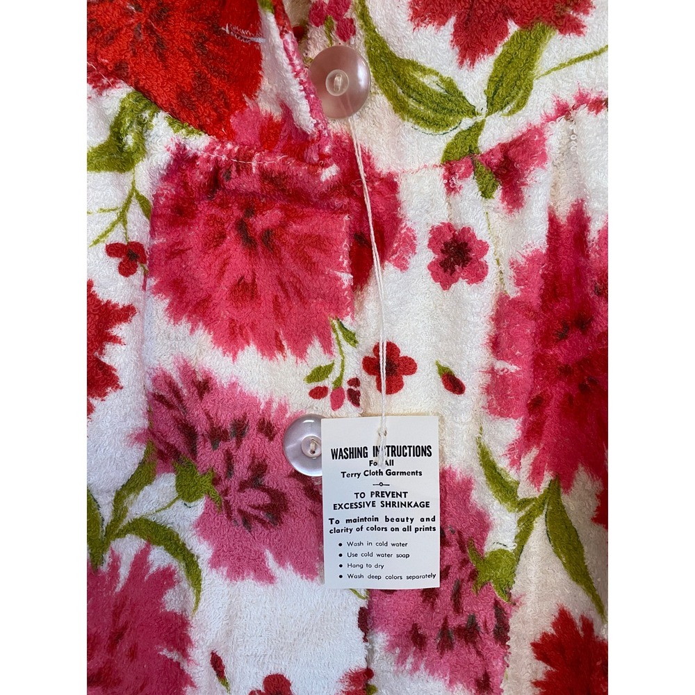 VTG Terry Tuck Robe OS Pink Red Floral Pouf Duster Terrycloth NEW 60s Grannycore - Picture 8 of 12